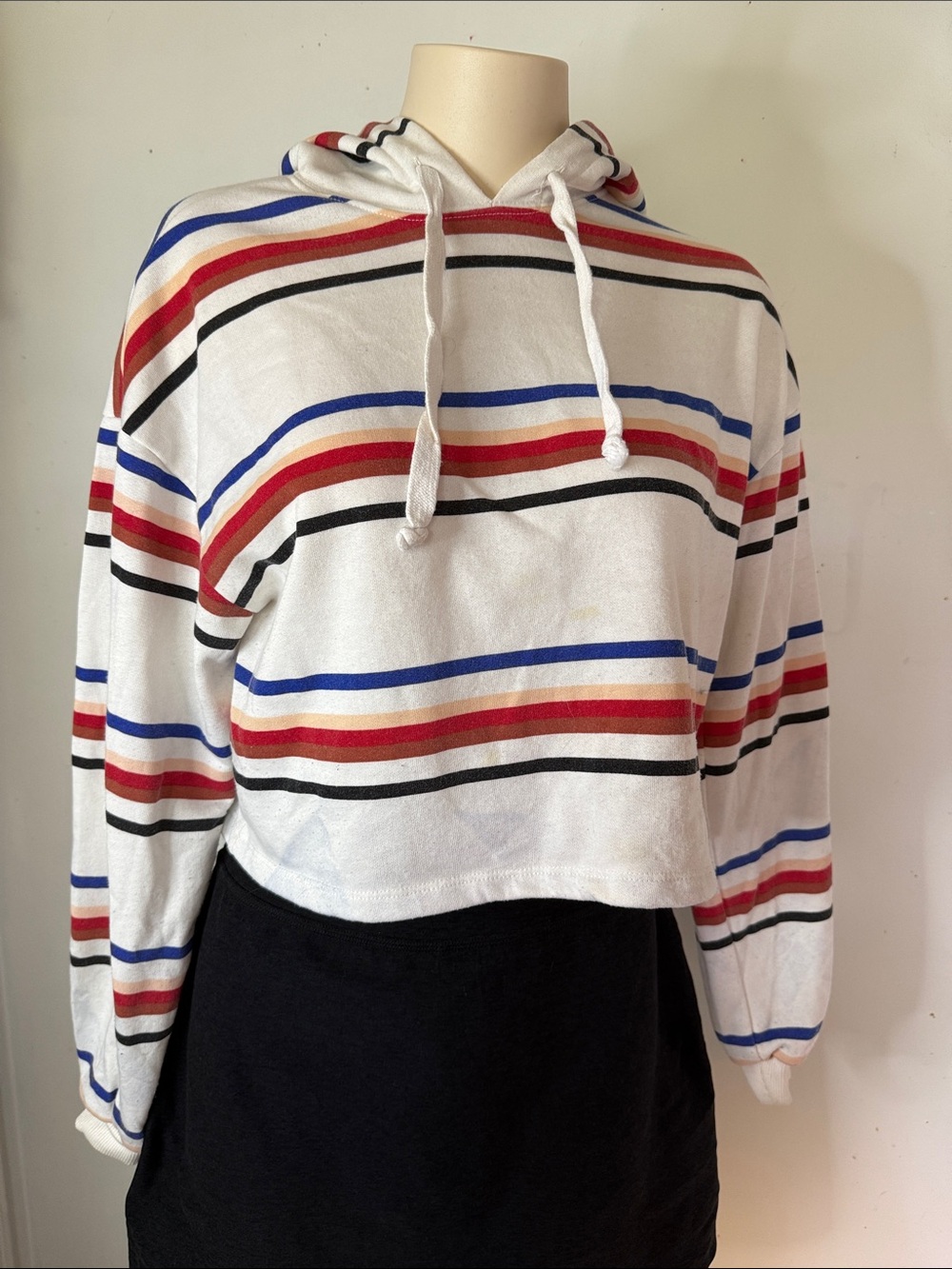 Bershka White Hoodie with Red & Blue Stripes